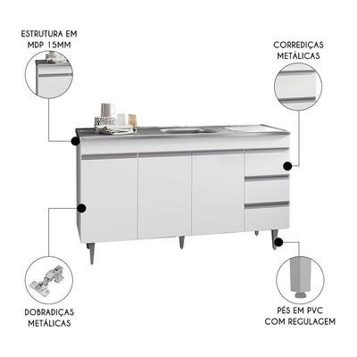 Balcão De Cozinha Com Pia Inox 160cm 3 Gavetas Andréia Branco - Ajl Móveis
