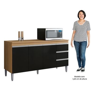 Balcão De Cozinha Com Tampo 160cm 3 Gavetas Andréia Amêndoa-preto - Ajl Móveis