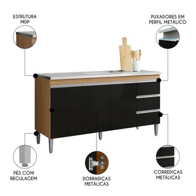 Balcão De Cozinha Com Pia Inox 160cm 3 Gavetas Andréia Amêndoa-preto - Ajl Móveis