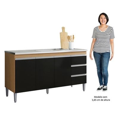 Balcão De Cozinha Com Pia Inox 160cm 3 Gavetas Andréia Amêndoa-preto - Ajl Móveis