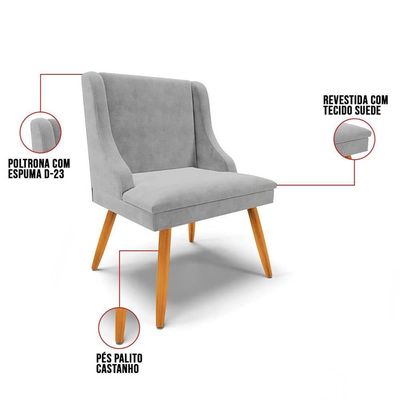 Kit 6 Cadeiras Estofadas Para Sala De Jantar Pés Palito Lia Suede Cinza - Ibiza