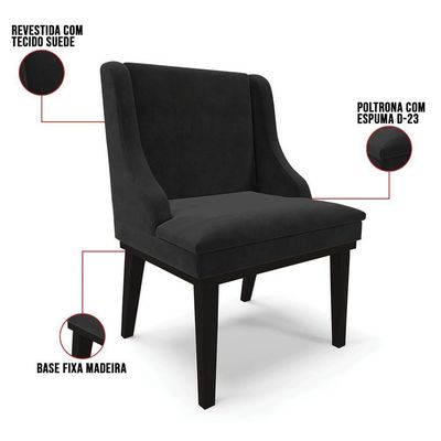 Kit 4 Cadeiras Estofadas Para Sala De Jantar Base Fixa De Madeira Preto Lia Suede Preto - Ibiza