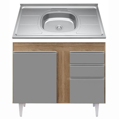 Balcão Gabinete Com Pia Inox 100cm 2 Portas 2 Gavetas Luziania Castanho-cinza - Lumil