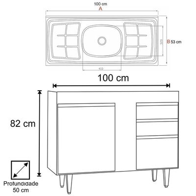 Balcão Gabinete Com Pia Inox 100cm 2 Portas 2 Gavetas Luziania Castanho-cinza - Lumil
