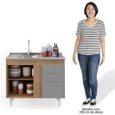 Balcão Gabinete Com Pia Inox 100cm 2 Portas 2 Gavetas Luziania Castanho-cinza - Lumil