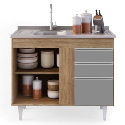 Balcão Gabinete Com Pia Inox 100cm 2 Portas 2 Gavetas Luziania Castanho-cinza - Lumil