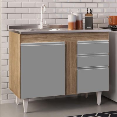 Balcão Gabinete Com Pia Inox 100cm 2 Portas 2 Gavetas Luziania Castanho-cinza - Lumil