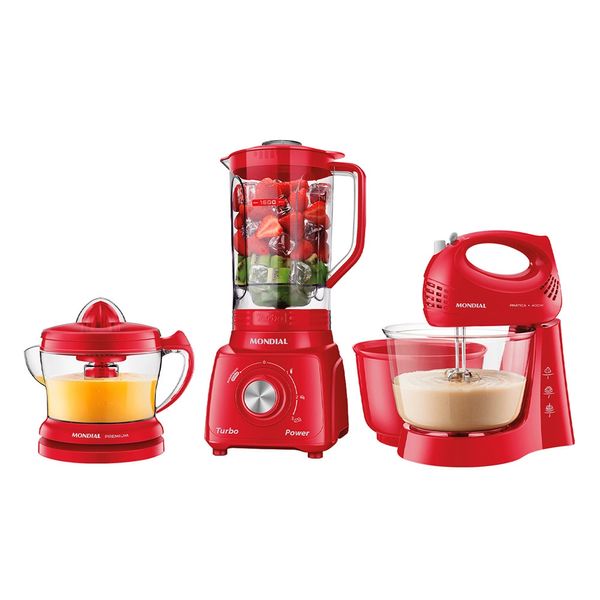 Kit Especial Mondial Batedeira + Extrator + Liquidificador KT-202-R Vermelho - 127V