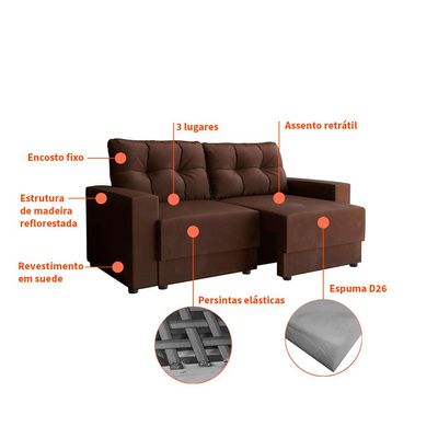 Sofá 3 Lugares Retrátil Lubeck Suede Marrom 180 cm