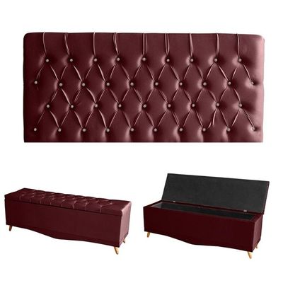 Kit Estrela Cabeceira De Cama Painel E Calçadeira Baú Botão Cristal Queen 160 Cm Suede Bordo Do Lar Móveis E Decoração