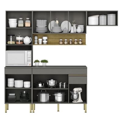 Armário De Cozinha Completa 120 Com Balcão Com Tampo 9 Portas Line Freijó-gris