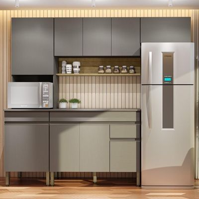 Armário De Cozinha Completa 120 Com Balcão Com Tampo 9 Portas Line Freijó-gris