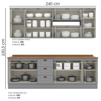 Cozinha Modulada 10 Pecas 240cm Ce792 Americana Henn Cinza Nature