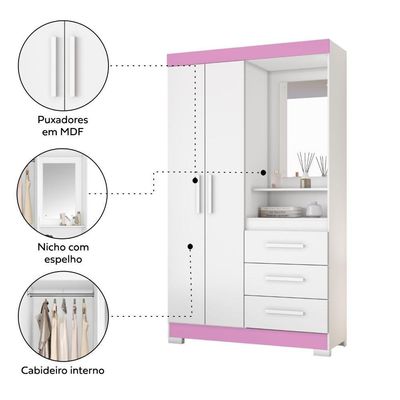 Guarda Roupa Solteiro 2 Portas 3 Gavetas Nt6020 Branco-rosa Nótável Móveis Branco-rosa