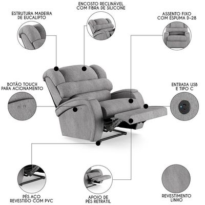 Poltrona Do Papai Reclinável Kalie Power Touch Usb Fh9 Linho Cinza - Mpozenato
