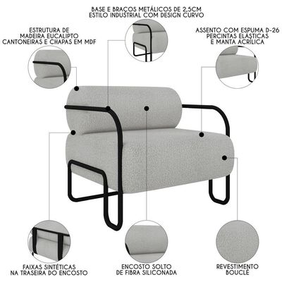 Poltrona Decorativa Para Sala Industrial Kira K04 Bouclê Cinza Claro - Mpozenato