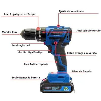 Parafusadeira Furadeira Sem Fio 36v 2 Baterias 340w Bivolt
