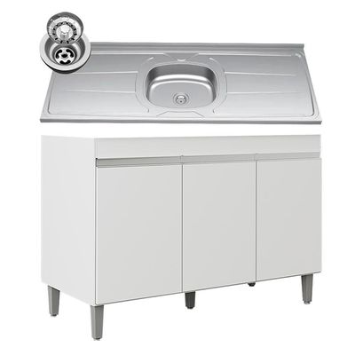Balcão De Cozinha Com Pia Inox 120cm 3 Portas Manu Branco - Ajl Móveis