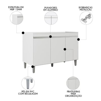 Balcão De Cozinha Com Pia Inox 120cm 3 Portas Manu Branco - Ajl Móveis