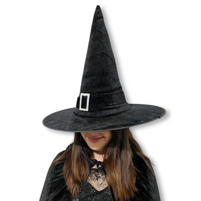 Chapéu De Bruxa Preto Com Fecho E Faixa Preta Veludo
