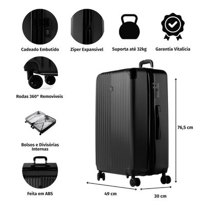Mala de Viagem Grande 32 Kg ABS 4 Rodas Turquia II Preta G / Preto