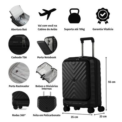 Mala de Viagem Pequena 10 Kg Policarbonato 4 Rodas Barcelona II Preta P / Preto