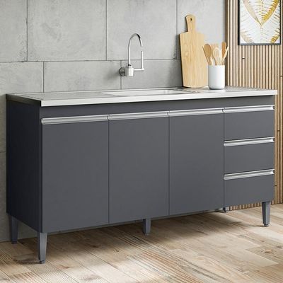 Balcão Gabinete Com Pia Inox 150cm Andréia 3 Portas Cinza - Ajl Móveis