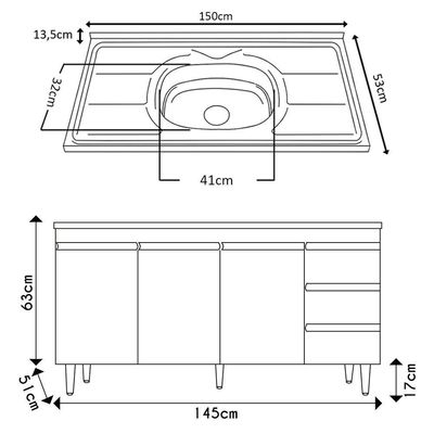 Balcão Gabinete Com Pia Inox 150cm Andréia 3 Portas Cinza - Ajl Móveis