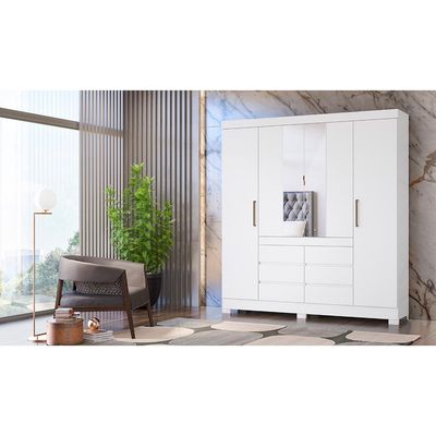Guarda-Roupa Casal com Espelho Trevi 4 Portas 6 Gavetas Branco
