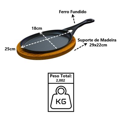 Frigideira Oval Cabo Ferro Fundido Suporte Madeira 25x18cm
