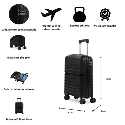 Mala de Viagem Pequena 10 Kg Polipropileno 4 Rodas Rover Preta P / Preto