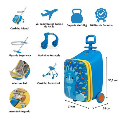 Mala de Bordo 10 Kg Pets for Kids Dino Azul P / Azul
