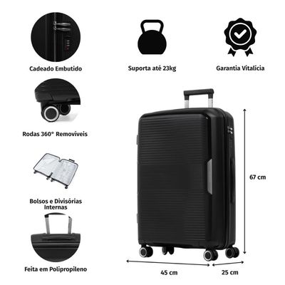 Mala Média 23 Kg Polipropileno 4 Rodas Malta Branca e Marrom M / Branco
