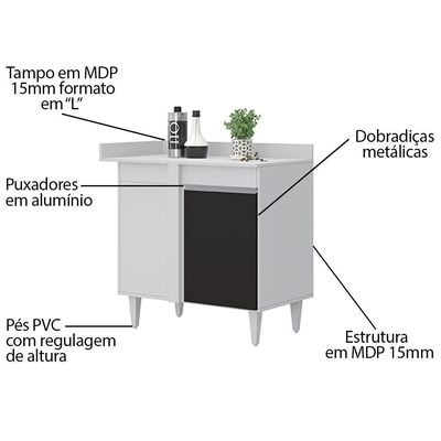 Balcão De Canto Reto Com Tampo 1 Porta Denver Branco-preto - Lumil