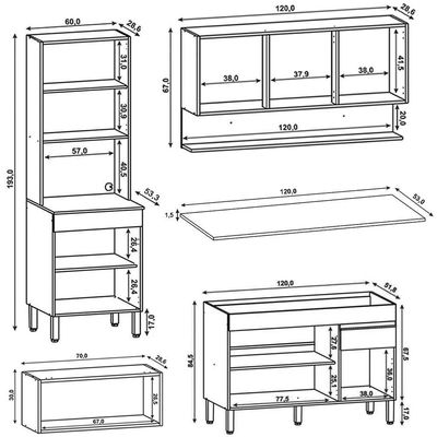 Armário De Cozinha 4 Peças Balcão Com Tampo 120cm Lina07 K02 Gris-freijó - Mpozenato