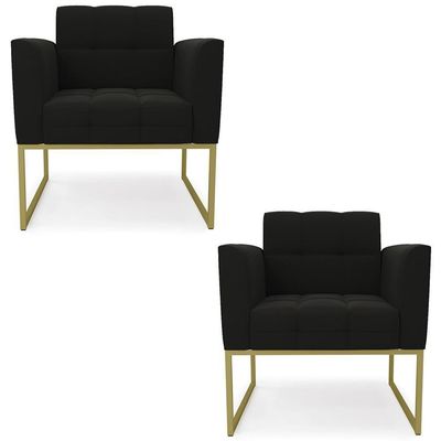 Poltrona Base Industrial Dourado Kit 2 Ana Suede Preto - Ibiza