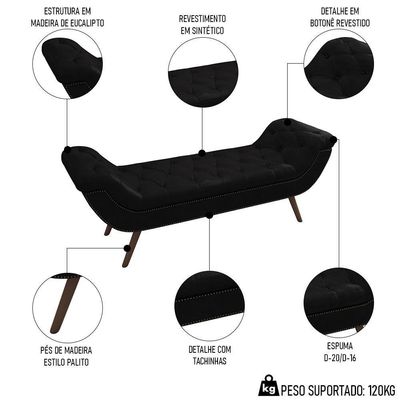 Puff Recamier Calçadeira 140cm Pés Palito Madeira Venêto P02 Sintético Preto - Mpozenato
