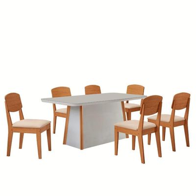 Mesa Diane 180cm Tampo Mdf Vidro Canto Copo Com 6 Cadeiras Veludo Creme /off /naturale /serig Off