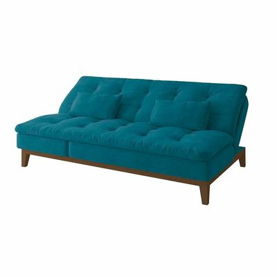 Sofá-Cama 3 Lugares Casal Amanda com Pés de Madeira Suede Azul