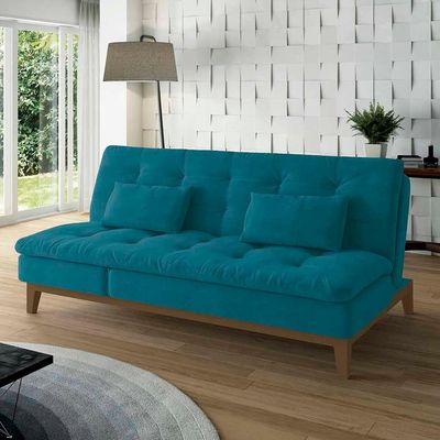 Sofá-Cama 3 Lugares Casal Amanda com Pés de Madeira Suede Azul