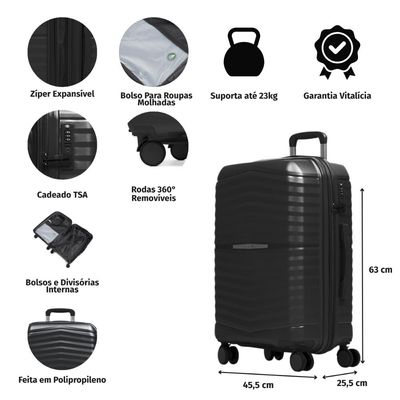 Mala Média 23 Kg Polipropileno 4 Rodas Hong Kong Preta M / Preto
