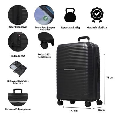 Mala de Viagem Grande 32 Kg Polipropileno 4 Rodas Hong Kong Preta G / Preto