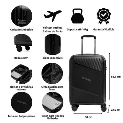 Mala de Viagem Pequena 10 Kg Polipropileno 4 Rodas Seul Preta P / Preto