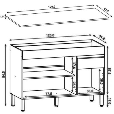 Balcão Gabinete Para Pia Com Tampo 120cm Lina K02 Gris - Mpozenato