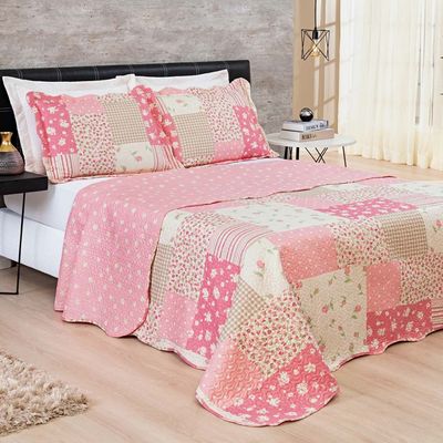 Kit Cobre Leito Colcha Dallas Queen Dupla Face Estampada 3 Peças - Rosa Patchwork Cloud