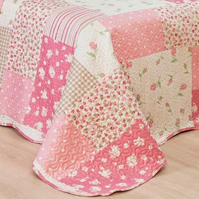 Kit Cobre Leito Colcha Dallas Queen Dupla Face Estampada 3 Peças - Rosa Patchwork Cloud