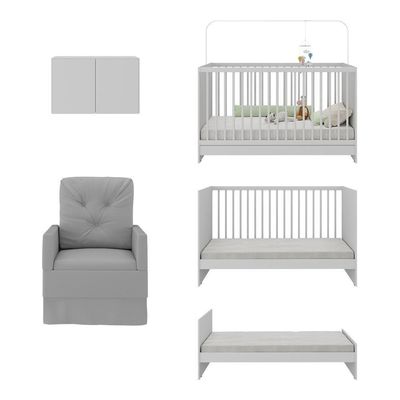 Berço 3 Em 1 Com Poltrona Amamentação e Armário Aéreo 2 Portas Mp4147 Branco-cinza