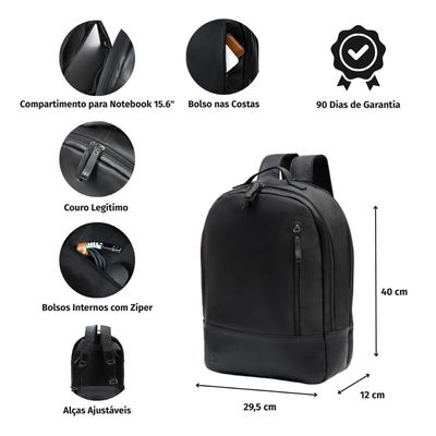 Mochila Masculina de Couro para Notebook Arpoador Preta U / Preto