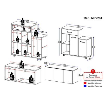 Kit Armário De Cozinha 3 Portas Com Balcão Multiuso Multimóveis Mp2234 Branco Branco