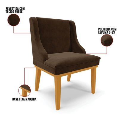 Kit 2 Cadeiras Estofadas Para Sala De Jantar Base Fixa De Madeira Castanho Lia Suede Marrom - Ibiza